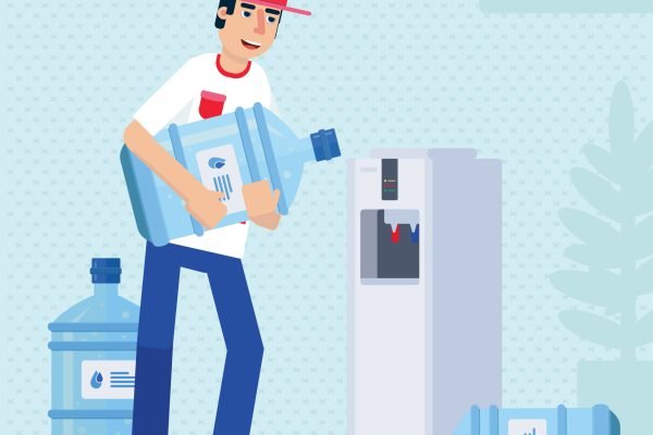 Bottled water delivery, man in uniform standing near cooler with hot and cold liquid cartoon character. Service worker changing water cooler jug.